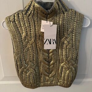 Zara Cable Knit Sweater Vest Sleeveless Sweater Golden Metallic Finish Sz M